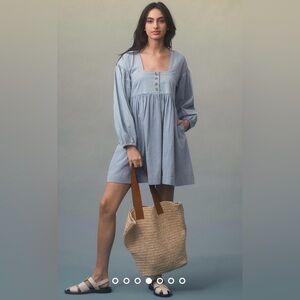 NWT Size S - By Anthropologie Long-Sleeve Square-Neck Denim Babydoll Mini Dress